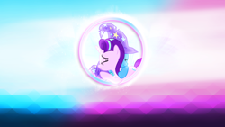 Size: 1024x576 | Tagged: safe, artist:credechica4, artist:zen-zen-hitagi, edit, imported from derpibooru, starlight glimmer, trixie, pony, unicorn, no second prances, female, hug, lesbian, mare, shipping, startrix, wallpaper, wallpaper edit