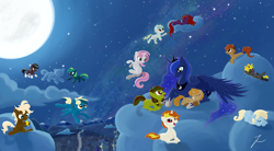 Size: 1680x928 | Tagged: safe, artist:angryberry, imported from derpibooru, baby moondancer, princess luna, oc, oc:candlelight, oc:fly-by-night, oc:gari, oc:magpie, oc:moondancer, oc:night light, oc:nightshade, oc:spirit, oc:springsign, oc:tingle, oc:trotamundo, oc:wind whisper, pony, children of the night, female, filly, foal, mare, night, stars