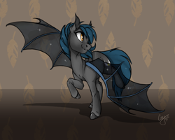 Size: 1280x1024 | Tagged: safe, artist:casynuf, imported from derpibooru, oc, oc only, oc:speck, bat pony, pony, abstract background, bat pony oc, bat wings, clothes, ear fluff, fangs, female, looking back, mare, raised hoof, raised leg, see-through, signature, solo, spread wings, wings