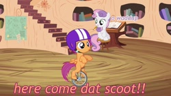 Size: 1024x576 | Tagged: safe, edit, imported from derpibooru, screencap, scootaloo, sweetie belle, twilight time, dat boi, unicycle