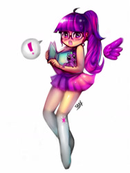 Size: 1000x1333 | Tagged: safe, artist:sukesha-ray, imported from derpibooru, spike, twilight sparkle, human, adorkable, blushing, clothes, cute, dork, exclamation point, glasses, humanized, miniskirt, open mouth, pleated skirt, ponytail, simple background, skirt, socks, twilight sparkle (alicorn), white background, winged humanization