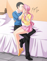 Size: 2153x2786 | Tagged: safe, artist:shinta-girl, imported from derpibooru, fluttershy, oc, oc:manu, equestria girls, canon x oc, clothes, commission, couple, female, high heels, humanized, kissing, legs, male, manu, miniskirt, pleated skirt, shipping, shoes, skirt, straight, thighs