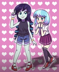 Size: 1024x1244 | Tagged: safe, artist:sumin6301, imported from derpibooru, coco pommel, coloratura, human, equestria girls, blushing, bracelet, clothes, cocobetes, cute, denim, equestria girls-ified, high heels, mary janes, pleated skirt, rara, rarabetes, see-through, shoes, shorts, skirt, socks, thigh highs, veil, zettai ryouiki