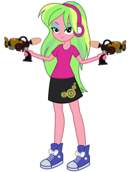 Size: 4000x5200 | Tagged: safe, artist:razethebeast, imported from derpibooru, lemon zest, equestria girls, friendship games, absurd resolution, clothes, combuster, converse, crossover, dual wield, female, headphones, new outfit, ratchet and clank, shoes, simple background, skirt, sneakers, solo, transparent background, vector, weapon