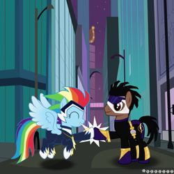 Size: 5000x5000 | Tagged: safe, artist:kodretta, imported from derpibooru, rainbow dash, zapp, absurd resolution, crossover, eyes closed, hoofbump, ponified, power ponies, static shock