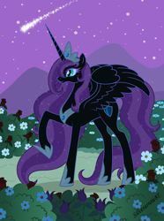 Size: 4492x6042 | Tagged: safe, artist:silverarrow87, imported from derpibooru, oc, oc only, oc:nyx, alicorn, pony, fanfic:past sins, absurd resolution, adult, alicorn oc, crown, flower, hoof shoes, jewelry, mountain, night, night sky, older, older nyx, peytral, princess, raised hoof, regalia, shooting star, signature, slit pupils, smiling, solo, spread wings