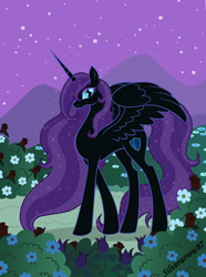 Size: 4492x6042 | Tagged: safe, artist:silverarrow87, imported from derpibooru, oc, oc only, oc:nyx, alicorn, pony, fanfic:past sins, absurd resolution, adult, alicorn oc, concave belly, ethereal mane, ethereal tail, female, long mane, long tail, mare, night, night sky, older, older nyx, partially open wings, sky, slim, slit pupils, solo, stars, tail, tall, thin, wings