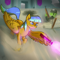 Size: 2000x2000 | Tagged: safe, artist:elzielai, imported from derpibooru, oc, oc only, oc:valor myst, pegasus, pony, female, gun, solo, war, weapon, wing hands