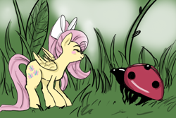 Size: 678x454 | Tagged: safe, artist:hoshikokin, imported from derpibooru, fluttershy, insect, ladybug, blushing, bow, eyes closed, grass, hair bow, micro, tiny, tiny ponies