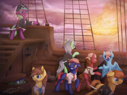 Size: 1024x768 | Tagged: safe, artist:novaintellus, imported from derpibooru, oc, oc only, oc:sour mint, oc:sweetgrape, earth pony, pegasus, pony, unicorn, fire, group, naval battle, pirate, pirate ship, ship, sword, weapon