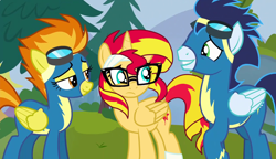 Size: 1280x738 | Tagged: safe, artist:razvimorar5, edit, imported from derpibooru, soarin', spitfire, sunset shimmer, alicorn, pony, newbie dash, alicornified, cute, glasses, injured, race swap, shimmerbetes, shimmercorn, show accurate, wonderbolts, wonderbolts uniform