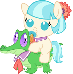 Size: 886x892 | Tagged: safe, artist:red4567, imported from derpibooru, coco pommel, gummy, crocodile, earth pony, pony, baby, baby pony, coco pommel riding gummy, cocobetes, cute, pacifier, ponies riding gators, riding, weapons-grade cute