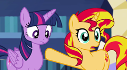 Size: 1080x596 | Tagged: safe, artist:razvimorar5, edit, imported from derpibooru, screencap, sunset shimmer, twilight sparkle, alicorn, pony, unicorn, female, mare, open mouth, twilight sparkle (alicorn)