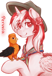 Size: 2050x3000 | Tagged: safe, artist:assa-chan, imported from derpibooru, oc, oc only, oc:princess peruvia, bird, flower, hat, heart eyes, solo, wingding eyes