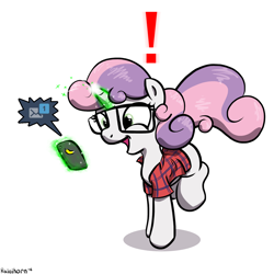 Size: 1600x1600 | Tagged: safe, artist:rainihorn, imported from derpibooru, sweetie belle, clothes, female, glasses, magic, phone, shirt, simple background, smartphone, solo, tumblr, white background