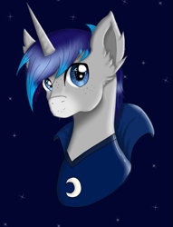 Size: 725x950 | Tagged: safe, artist:niniibear, imported from derpibooru, oc, oc only, oc:astro grey, pony, unicorn, bust, commission, cute, ear fluff, magician, moon, night, solo, wizard