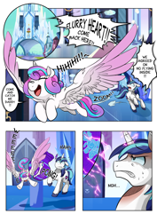 Size: 2480x3507 | Tagged: safe, artist:dormin-dim, artist:dormin-kanna, imported from derpibooru, princess flurry heart, shining armor, alicorn, pony, unicorn, comic:chaotic wings, child, comic, crystal empire, cute, daughter, english, father, father and child, father and daughter, female, filly, flurrybetes, flying, foal, horn, jar, male, older, older flurry heart, smiling, spread wings, stallion, weapons-grade cute, wings