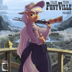 Size: 900x900 | Tagged: safe, alternate version, artist:kevinsano, imported from derpibooru, applejack, anthro, applebutt, big breasts, breasts, busty applejack, clothes, female, finger gun, guard tower, gun, hat, huge breasts, looking at you, looking back, multiple variants, pants, patreon, police, police uniform, smiling, solo, tales from ponyville, trigger discipline, walkie talkie, weapon