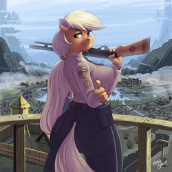 Size: 900x900 | Tagged: safe, alternate version, artist:kevinsano, imported from derpibooru, applejack, anthro, applebutt, big breasts, breasts, busty applejack, clothes, female, finger gun, guard tower, gun, hatless, looking at you, looking back, missing accessory, multiple variants, pants, patreon, police, police uniform, smiling, solo, tales from ponyville, trigger discipline, walkie talkie, weapon