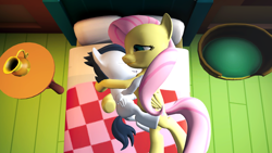 Size: 1920x1080 | Tagged: safe, artist:cryotimberwolf, imported from derpibooru, fluttershy, rumble, 3d, 3d model, cuddling, cute, female, flutterrumble, male, my little pony, night, rumbleshy, shipping, sleeping, snuggling, source filmmaker, straight