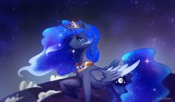 Size: 1280x742 | Tagged: dead source, safe, artist:naminzo, imported from derpibooru, princess luna, female, night, regalia, solo