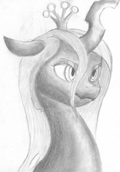 Size: 1024x1466 | Tagged: dead source, safe, artist:moonsolace, imported from derpibooru, queen chrysalis, changeling, changeling queen, bust, female, grayscale, monochrome, portrait, solo, traditional art