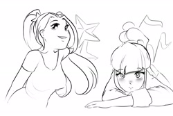Size: 3000x2000 | Tagged: safe, artist:amazingpuffhair, imported from derpibooru, aria blaze, sonata dusk, equestria girls, doodle, monochrome