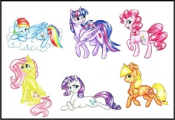 Size: 1024x704 | Tagged: safe, artist:twixyamber, imported from derpibooru, applejack, fluttershy, pinkie pie, rainbow dash, rarity, twilight sparkle, twilight sparkle (alicorn), alicorn, pony, female, mane six, mare, traditional art