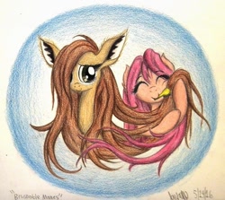 Size: 947x843 | Tagged: dead source, safe, artist:thefriendlyelephant, imported from derpibooru, oc, oc only, oc:angelic grace (a.k.a bliss), oc:nuk, antelope, gerenuk, pegasus, pony, animal in mlp form, bashful, big ears, brush, c:, cute, duo, eyes closed, fluffy, long mane, mouth hold, smiling, snuggling, traditional art