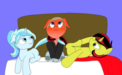 Size: 3480x2160 | Tagged: safe, artist:fapshack, imported from derpibooru, oc, oc only, oc:candelaria, oc:everette filmmore, oc:ice heart, pony, bed, bedroom, bedroom eyes, blushing, blushing profusely, embarrassed, flirting, oc x oc, shipping, sweat, tail wrap, trio