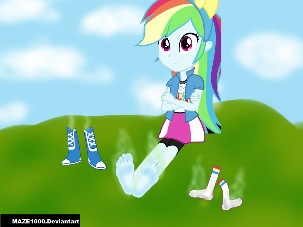 1154467 - suggestive, rainbow dash, solo, equestria girls, feet, barefoot,  foot fetish, smelly, visible stench, artist:maze1000, stinky feet -  Ponerpics