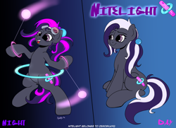 Size: 2162x1565 | Tagged: safe, artist:kyokimute, imported from derpibooru, oc, oc only, oc:nitelight, earth pony, pony, commission, glowstick, goggles, ponytail, reference sheet