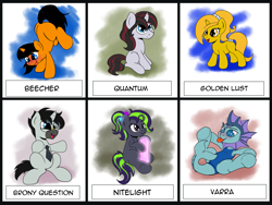 Size: 2941x2211 | Tagged: safe, artist:kyokimute, imported from derpibooru, oc, oc only, oc:beecher, oc:brony question, oc:golden lust, oc:nitelight, oc:quantum shift, oc:varra, colt, cute, female, filly, handstand, male, pose, small, smolwatcherscards