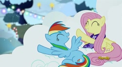 Size: 1200x660 | Tagged: safe, imported from derpibooru, screencap, fluttershy, rainbow dash, pegasus, pony, a hearth's warming tail, clothes, cloud, cute, dashabetes, discovery family logo, duo, eyes closed, female, mare, scarf, shyabetes, smiling