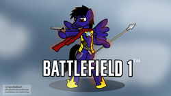 Size: 2834x1594 | Tagged: safe, artist:jrapcdaikari, imported from derpibooru, oc, oc only, oc:paladin colt, battlefield, battlefield 1, clothes, colt .45, gun, m1911, ponies with guns, royal guard, scarf, solo, wallpaper, weapon, world war i