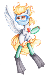 Size: 1673x2689 | Tagged: safe, artist:rizzych, imported from derpibooru, derpy hooves, pegasus, pony, bubbleman, crossover, female, mare, mega man (series), megaman, megamare, simple background, solo, traditional art