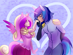 Size: 1000x753 | Tagged: safe, artist:cabbage-arts, imported from derpibooru, princess cadance, shining armor, human, clothes, dress, duo, eared humanization, female, horned humanization, humanized, male, military uniform, tailed humanization, winged humanization