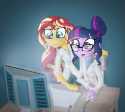 Size: 847x757 | Tagged: safe, artist:supersheep64, imported from derpibooru, sci-twi, sunset shimmer, twilight sparkle, equestria girls, clothes, computer, fanfic art, fanfic cover, lab coat