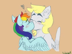 Size: 1600x1200 | Tagged: safe, artist:lxxjunebugxxl, imported from derpibooru, derpy hooves, rainbow dash, pegasus, pony, blushing, derpydash, duo, eyes closed, female, heart, kiss on the lips, kissing, lesbian, mare, shipping, wings