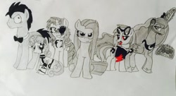 Size: 400x218 | Tagged: safe, artist:talkedpuma6023, imported from derpibooru, dj pon-3, doctor whooves, pinkie pie, princess luna, rarity, sweetie belle, time turner, vinyl scratch, pony, robot, vampire, ask discorded whooves, gamer luna, lil-miss rarity, black and white, discord whooves, grayscale, group, headset, male, monochrome, pinkamena diane pie, stallion, sweetie bot