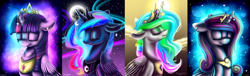 Size: 4657x1417 | Tagged: safe, artist:wingsterwin, imported from derpibooru, princess cadance, princess celestia, princess luna, twilight sparkle, alicorn, pony, absurd resolution, alicorn tetrarchy, bust, eyes closed, female, floppy ears, horn jewelry, jewelry, mare, portrait, twilight sparkle (alicorn)