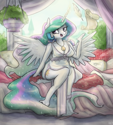 Size: 1000x1112 | Tagged: safe, artist:king-kakapo, imported from derpibooru, princess celestia, anthro, unguligrade anthro, cleavage, clothes, cute, cutelestia, dress, female, magic, necklace, open mouth, quill, ribbon, scroll, side slit, solo, telekinesis, unshorn fetlocks