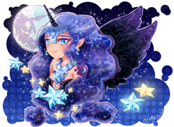 Size: 1920x1400 | Tagged: safe, artist:miniiming, imported from derpibooru, nightmare moon, human, cute little fangs, elf ears, female, horned humanization, humanized, mare in the moon, moon, solo, stars, winged humanization