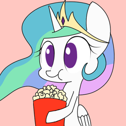 Size: 482x482 | Tagged: safe, artist:p-skink, imported from derpibooru, princess celestia, alicorn, pony, :t, cute, cutelestia, eating, female, food, no pupils, pink background, popcorn, reaction image, simple background, solo