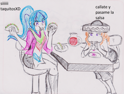 Size: 2673x2031 | Tagged: safe, artist:elgatosabio, imported from derpibooru, adagio dazzle, sonata dusk, equestria girls, blushing, duo, female, food, hat, sonataco, spanish, taco, that girl sure loves tacos, that pony sure does love tacos, that siren sure does love tacos, traditional art, translated in the description