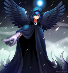 Size: 800x857 | Tagged: safe, artist:racoonsan, imported from derpibooru, princess luna, spirit of hearth's warming yet to come, human, a hearth's warming tail, cloak, clothes, divine, female, gloves, glowing horn, horned humanization, humanized, luna's future, pointing, scene interpretation, snow, snowfall, solo, spread wings, winged humanization, wings