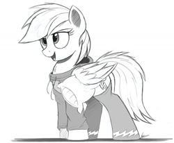 Size: 2721x2240 | Tagged: safe, artist:ncmares, imported from derpibooru, rainbow dash, pegasus, pony, clothes, cute, dashabetes, female, hoodie, mare, monochrome, open mouth, pillow, sketch, solo, stockings, wing hold, wonderbolts