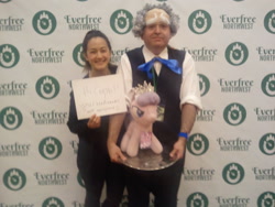 Size: 2560x1920 | Tagged: safe, imported from derpibooru, diamond tiara, randolph, human, 2016, clothes, cosplay, costume, everfree northwest, everfree northwest 2016, irl, irl human, photo, plushie, shannon chan-kent, shoutout, voice actor