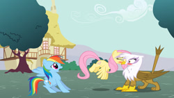 Size: 1024x576 | Tagged: safe, imported from derpibooru, fluttershy, gilda, rainbow dash, griffon, female, gildashy, lesbian, shipping, vector