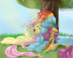 Size: 2500x2000 | Tagged: safe, artist:redheadfly, imported from derpibooru, fluttershy, rainbow dash, scootaloo, pegasus, pony, cuddling, cute, cutealoo, female, flutterdash, lesbian, pony pile, scootalove, shipping, shyabetes, sleeping, snuggling, tree, wing blanket